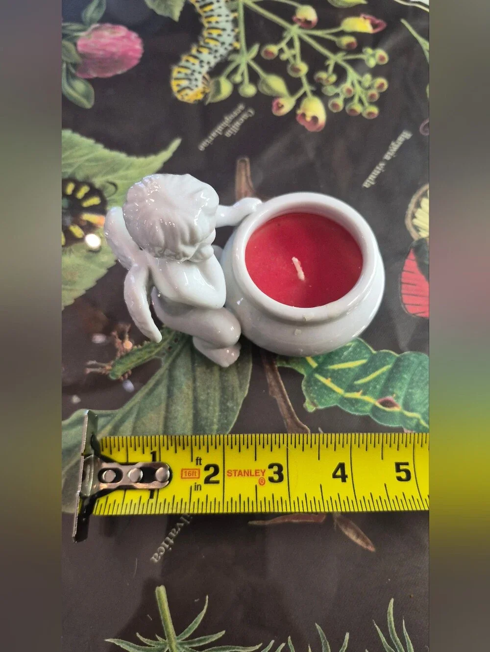 White Ceramic Cherub Candle Holder with Red Candle